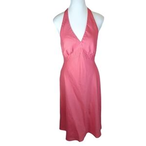 Vintage Ann Taylor Halter Sheath Dress 8 Pink Linen V Neck Lined Zipper